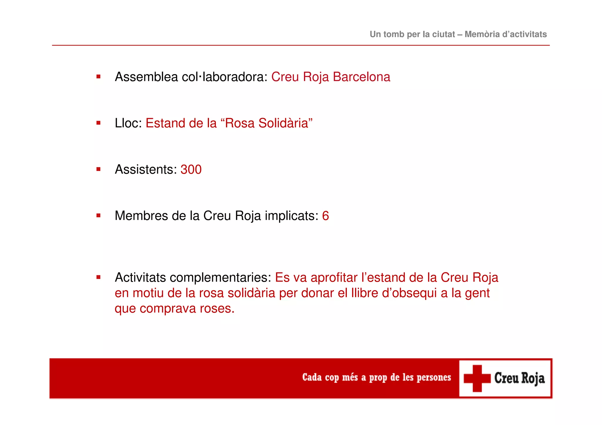 Assemblea col·laboradora: Creu Roja Barcelona
Lloc: Estand de la “Rosa Solidària”
Assistents: 300
Membres de la Creu Roja implicats: 6
Activitats complementaries: Es va aprofitar l’estand de la Creu Roja
en motiu de la rosa solidària per donar el llibre d’obsequi a la gent
que comprava roses.
Un tomb per la ciutat – Memòria d’activitats
 