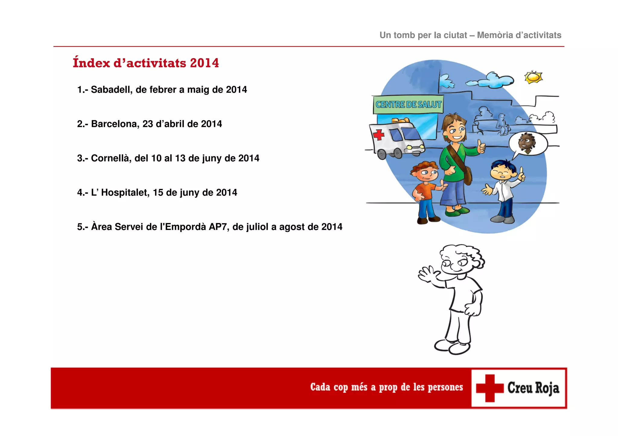 Índex d’activitats 2014
1.- Sabadell, de febrer a maig de 2014
2.- Barcelona, 23 d’abril de 2014
3.- Cornellà, del 10 al 13 de juny de 2014
4.- L’ Hospitalet, 15 de juny de 2014
5.- Àrea Servei de l'Empordà AP7, de juliol a agost de 2014
Un tomb per la ciutat – Memòria d’activitats
 