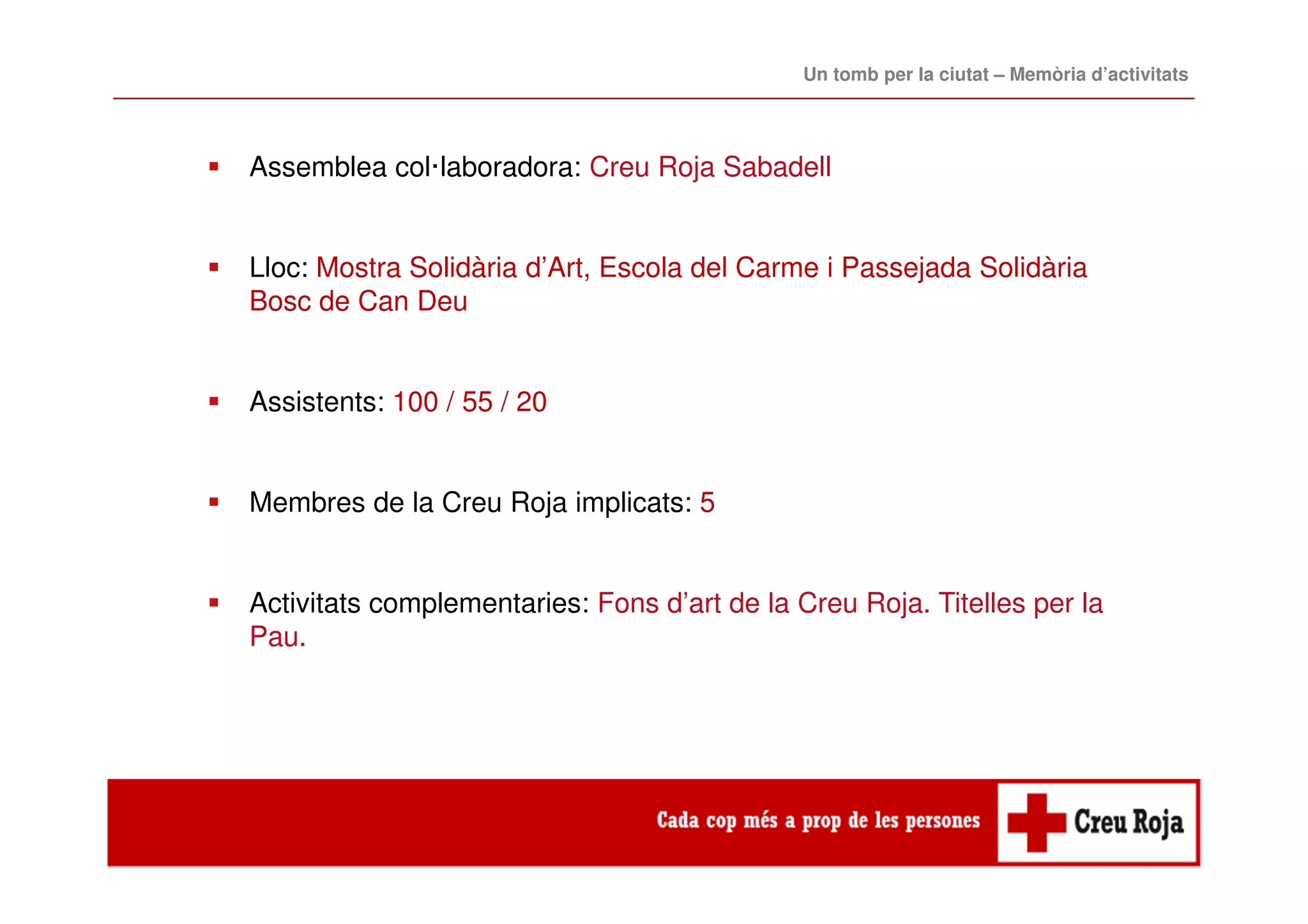 Assemblea col·laboradora: Creu Roja Sabadell
Lloc: Mostra Solidària d’Art, Escola del Carme i Passejada Solidària
Bosc de Can Deu
Assistents: 100 / 55 / 20
Membres de la Creu Roja implicats: 5
Activitats complementaries: Fons d’art de la Creu Roja. Titelles per la
Pau.
Un tomb per la ciutat – Memòria d’activitats
 
