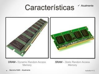 Características
DRAM - Dynamic Random Access
Memory
IsabellaMemória RAM - Atualmente 13
SRAM – Static Random Access
Memory
 Atualmente
 