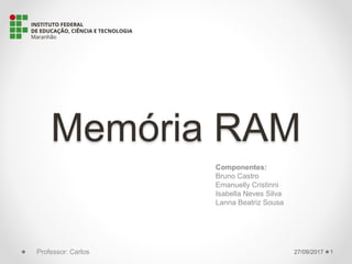 Memória RAM
Componentes:
Bruno Castro
Emanuelly Cristinni
Isabella Neves Silva
Lanna Beatriz Sousa
27/09/2017 1Professor: Carlos
 
