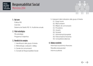 Responsabilitat Social
Memòria 2014
1.	 Qui som
	 Política RS
	 Codi ètic
	 Sistema de Gestió RS 10. Auditories anuals
2.	...