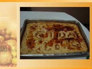 Na minha lembrança, eu tenho muito claro os pratos bem
elaborados pela vovó Assuncion, mãe de meu pai. Muito ativa,
boa disposição, tempero famosíssimo, ótima dona de casa.
Na cozinha, havia um fogão a gás, mas do lado de fora, num
coberto, tinha um forno a lenha que era usado para assar pão. O
cheirinho de pão assando, tenho ainda na memória...
Nas festas de fim de ano e também em datas de aniversários,
eram feitas algumas “EMPANADAS”, uma espécie de torta
salgada muito apreciadas por todos. Esta receita passou para os
filhos e noras e chegou aos netos. Até hoje continuamos
também, em datas festivas, a nos deliciarmos com o prato típico
da Espanha.
A receita da minha avó era assim:
Para a massa:
½ k de farinha de trigo 1 copo de leite morno
1 xícara de café de azeite 50gr de fermento fleishman
(3tabletes)
1 ovo inteiro
 