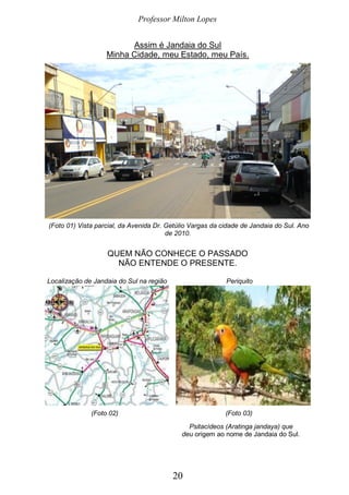 Professor Milton Lopes
20
Assim é Jandaia do Sul
Minha Cidade, meu Estado, meu País.
(Foto 01) Vista parcial, da Avenida Dr. Getúlio Vargas da cidade de Jandaia do Sul. Ano
de 2010.
QUEM NÃO CONHECE O PASSADO
NÃO ENTENDE O PRESENTE.
Localização de Jandaia do Sul na região Periquito
(Foto 02) (Foto 03)
Psitacídeos (Aratinga jandaya) que
deu origem ao nome de Jandaia do Sul.
 