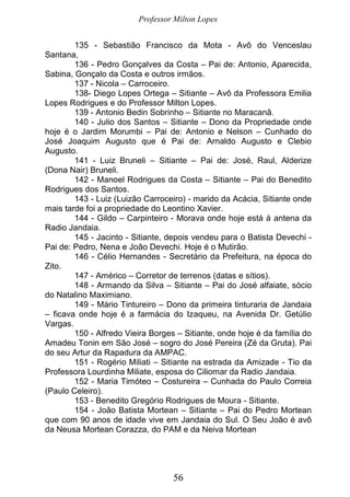 Professor Milton Lopes
56
135 - Sebastião Francisco da Mota - Avô do Venceslau
Santana,
136 - Pedro Gonçalves da Costa – Pai de: Antonio, Aparecida,
Sabina, Gonçalo da Costa e outros irmãos.
137 - Nicola – Carroceiro.
138- Diego Lopes Ortega – Sitiante – Avô da Professora Emilia
Lopes Rodrigues e do Professor Milton Lopes.
139 - Antonio Bedin Sobrinho – Sitiante no Maracanã.
140 - Julio dos Santos – Sitiante – Dono da Propriedade onde
hoje é o Jardim Morumbi – Pai de: Antonio e Nelson – Cunhado do
José Joaquim Augusto que é Pai de: Arnaldo Augusto e Clebio
Augusto.
141 - Luiz Bruneli – Sitiante – Pai de: José, Raul, Alderize
(Dona Nair) Bruneli.
142 - Manoel Rodrigues da Costa – Sitiante – Pai do Benedito
Rodrigues dos Santos.
143 - Luiz (Luizão Carroceiro) - marido da Acácia, Sitiante onde
mais tarde foi a propriedade do Leontino Xavier.
144 - Gildo – Carpinteiro - Morava onde hoje está á antena da
Radio Jandaia.
145 - Jacinto - Sitiante, depois vendeu para o Batista Devechi -
Pai de: Pedro, Nena e João Devechi. Hoje é o Mutirão.
146 - Célio Hernandes - Secretário da Prefeitura, na época do
Zito.
147 - Américo – Corretor de terrenos (datas e sítios).
148 - Armando da Silva – Sitiante – Pai do José alfaiate, sócio
do Natalino Maximiano.
149 - Mário Tintureiro – Dono da primeira tinturaria de Jandaia
– ficava onde hoje é a farmácia do Izaqueu, na Avenida Dr. Getúlio
Vargas.
150 - Alfredo Vieira Borges – Sitiante, onde hoje é da família do
Amadeu Tonin em São José – sogro do José Pereira (Zé da Gruta). Pai
do seu Artur da Rapadura da AMPAC.
151 - Rogério Miliati – Sitiante na estrada da Amizade - Tio da
Professora Lourdinha Miliate, esposa do Ciliomar da Radio Jandaia.
152 - Maria Timóteo – Costureira – Cunhada do Paulo Correia
(Paulo Celeiro).
153 - Benedito Gregório Rodrigues de Moura - Sitiante.
154 - João Batista Mortean – Sitiante – Pai do Pedro Mortean
que com 90 anos de idade vive em Jandaia do Sul. O Seu João é avô
da Neusa Mortean Corazza, do PAM e da Neiva Mortean
 