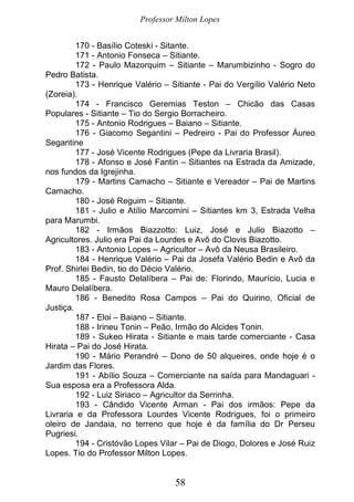 Professor Milton Lopes
58
170 - Basílio Coteski - Sitante.
171 - Antonio Fonseca – Sitiante.
172 - Paulo Mazorquim – Sitiante – Marumbizinho - Sogro do
Pedro Batista.
173 - Henrique Valério – Sitiante - Pai do Vergílio Valério Neto
(Zoreia).
174 - Francisco Geremias Teston – Chicão das Casas
Populares - Sitiante – Tio do Sergio Borracheiro.
175 - Antonio Rodrigues – Baiano – Sitiante.
176 - Giacomo Segantini – Pedreiro - Pai do Professor Áureo
Segantine
177 - José Vicente Rodrigues (Pepe da Livraria Brasil).
178 - Afonso e José Fantin – Sitiantes na Estrada da Amizade,
nos fundos da Igrejinha.
179 - Martins Camacho – Sitiante e Vereador – Pai de Martins
Camacho.
180 - José Reguim – Sitiante.
181 - Julio e Atílio Marcomini – Sitiantes km 3, Estrada Velha
para Marumbi.
182 - Irmãos Biazzotto: Luiz, José e Julio Biazotto –
Agricultores. Julio era Pai da Lourdes e Avô do Clovis Biazotto.
183 - Antonio Lopes – Agricultor – Avô da Neusa Brasileiro.
184 - Henrique Valério – Pai da Josefa Valério Bedin e Avô da
Prof. Shirlei Bedin, tio do Décio Valério.
185 - Fausto Delalíbera – Pai de: Florindo, Maurício, Lucia e
Mauro Delalíbera.
186 - Benedito Rosa Campos – Pai do Quirino, Oficial de
Justiça.
187 - Eloi – Baiano – Sitiante.
188 - Irineu Tonin – Peão, Irmão do Alcides Tonin.
189 - Sukeo Hirata - Sitiante e mais tarde comerciante - Casa
Hirata – Pai do José Hirata.
190 - Mário Perandré – Dono de 50 alqueires, onde hoje é o
Jardim das Flores.
191 - Abílio Souza – Comerciante na saída para Mandaguari -
Sua esposa era a Professora Alda.
192 - Luiz Siriaco – Agricultor da Serrinha.
193 - Cândido Vicente Arman - Pai dos irmãos: Pepe da
Livraria e da Professora Lourdes Vicente Rodrigues, foi o primeiro
oleiro de Jandaia, no terreno que hoje é da família do Dr Perseu
Pugriesi.
194 - Cristóvão Lopes Vilar – Pai de Diogo, Dolores e José Ruiz
Lopes. Tio do Professor Milton Lopes.
 