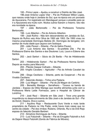 Memórias de Jandaia do Sul - 3ª Edição
59
195 - Primo Lepre – Ajudou a construir o Distrito de São José.
196-José Antonio Lopes Vilar – Pai do Professor Milton Lopes,
que nasceu onde hoje é Jandaia do Sul, que na época era um povoado
de Apucarana, Foi registrado em Mandaguari porque o picadão para se
ir a Apucarana era muito ruim. Muitos outros fizeram o mesmo. Isto não
era novidade na época.
197 - João Bertoncello – Pai da Professora Terezina
Bertoncello.
198 - Luiz Alberton – Pai do Antonio Alberton.
199 - José Rufino - Não tem descendentes em Jandaia do Sul,
Depois do Rufino veio Artur Silva de 1950 até 1953. De 1950 viveu na
mesma propriedade Domingos Batista (Sr. Domingos da bengala). Um
senhor de muita idade que caçava com bodoque.
200 - João Pavezi – Sitiante - Pai do Italino Pavezi.
201 - Luiz Antonio dos Santos - Ex-prefeito Zito - Pai da
Professora Elaine dos Santos e dos Doutores: Luiz, Lauro e Ediene dos
Santos.
202 - Jacó Sartori – Sócio do Zé Barão - Pai de Hildebrando
Sartori.
203 - Hildebrando Sartori - Pai da Professora Norma Sartori.
Depois se mudou para Marumbi.
204 - Plácido Gaspar Colhado – Sitiante.
205 -Virgilio Cavalaro – Agricultor – Pai do Arlindo Cavalari da
Emater.
206 - Diogo Ceciliano – Sitiante, perto da Cooperval – Pai do
Vivaldo Ceciliano.
207 - Salomão Abdala – Tinha uma Padaria.
208 - Luiz Magon – Sitiante – Pai do Zé Magon do Cartório.
209 - Benedito Marega – Serralheiro - Tocava na banda de
Jandaia – Esposo da Otilia Marega que recolhe alimentos junto com a
Professora Maria Laide Farinazzo, para o Hospital do Câncer de
Londrina.
210 - José Raul – Sitiante em São José – Teve uma grande
importância no desenvolvimento de São José e de Jandaia do Sul – Pai
da Doroti, Dejaira, Diva e outros.
211 - Aquilino Rojo – Restaurante Ouro Verde e mais tarde
proprietário da Padaria na Vila Paião, onde havia mais casas que no
centro da cidade – Pai dos irmãos: Rubens, Orlando, Rui e da Dídi Rojo
esposa do falecido Geraldo Barbieri.
212 - Simplício Domingues de Faria – Sitiante.
213 - Luiz Falzzirolli – Sitiante – Pai do Emygdio Falzirolli e Avô
do Dejanir Mazzi Falzirolli (Gordo de Fábrica de Móveis).
 