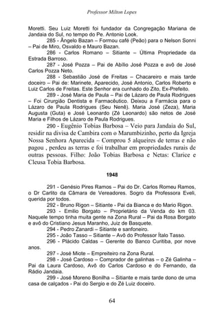 Professor Milton Lopes
64
Moretti. Seu Luiz Moretti foi fundador da Congregação Mariana de
Jandaia do Sul, no tempo do Pe. Antonio Look.
285 - Ângelo Bazan – Formou café (Peão) para o Nelson Sonni
– Pai de Miro, Osvaldo e Mauro Bazan.
286 - Carlos Romano – Sitiante – Última Propriedade da
Estrada Barroso.
287 - José Pozza – Pai de Abílio José Pozza e avô de José
Carlos Pozza Neto.
288 - Sebastião José de Freitas – Chacareiro e mais tarde
doceiro – Pai de: Marinete, Aparecido, José Antonio, Carlos Roberto e
Luiz Carlos de Freitas. Este Senhor era cunhado do Zito, Ex-Prefeito.
289 - José Maria de Paula – Pai de Lázaro de Paula Rodrigues
– Foi Cirurgião Dentista e Farmacêutico. Deixou a Farmácia para o
Lázaro de Paula Rodrigues (Seu Nenê). Maria José (Zeza), Maria
Augusta (Guta) e José Leonardo (Zé Leonardo) são netos de José
Maria e Filhos de Lázaro de Paula Rodrigues.
290 - Eugênio Tobias Barbosa – Veio para Jandaia do Sul,
residir na divisa de Cambira com o Marumbizinho, perto da Igreja
Nossa Senhora Aparecida – Comprou 5 alqueires de terras e não
pagou , perdeu as terras e foi trabalhar em propriedades rurais de
outras pessoas. Filho: João Tobias Barbosa e Netas: Clarice e
Cleusa Tobia Barbosa.
1948
291 - Genésio Pires Ramos – Pai do Dr. Carlos Romeu Ramos,
o Dr Carlito da Câmara de Vereadores. Sogro da Professora Eveli,
querida por todos.
292 - Bruno Rigon – Sitiante - Pai da Bianca e do Mario Rigon.
293 - Emilio Borgato – Proprietário da Venda do km 03.
Naquele tempo tinha muita gente na Zona Rural – Pai da Rosa Borgato
e avô do Cristiano Jesus Maranho, Juiz de Basquete.
294 - Pedro Zanardi – Sitiante e sanfoneiro.
295 - João Tasso – Sitiante – Avô do Professor Ítalo Tasso.
296 - Plácido Caldas – Gerente do Banco Curitiba, por nove
anos.
297 - José Miote – Empreiteiro na Zona Rural.
298 - José Cardoso – Comprador de galinhas – o Zé Galinha –
Pai da Laura Cardoso, Avô do Carlos Cardoso e do Fernando, da
Rádio Jandaia.
299 - José Moreno Bonilha – Sitiante e mais tarde dono de uma
casa de calçados - Pai do Sergio e do Zé Luiz doceiro.
 