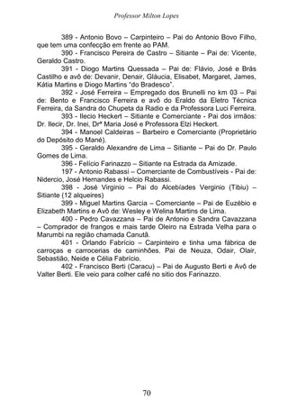 Professor Milton Lopes
70
389 - Antonio Bovo – Carpinteiro – Pai do Antonio Bovo Filho,
que tem uma confecção em frente ao PAM.
390 - Francisco Pereira de Castro – Sitiante – Pai de: Vicente,
Geraldo Castro.
391 - Diogo Martins Quessada – Pai de: Flávio, José e Brás
Castilho e avô de: Devanir, Denair, Gláucia, Elisabet, Margaret, James,
Kátia Martins e Diogo Martins “do Bradesco”.
392 - José Ferreira – Empregado dos Brunelli no km 03 – Pai
de: Bento e Francisco Ferreira e avô do Eraldo da Eletro Técnica
Ferreira, da Sandra do Chupeta da Radio e da Professora Luci Ferreira.
393 - Ilecio Heckert – Sitiante e Comerciante - Pai dos irmãos:
Dr. Ilecir, Dr. Inei, Drª Maria José e Professora Elzi Heckert.
394 - Manoel Caldeiras – Barbeiro e Comerciante (Proprietário
do Depósito do Mané).
395 - Geraldo Alexandre de Lima – Sitiante – Pai do Dr. Paulo
Gomes de Lima.
396 - Felício Farinazzo – Sitiante na Estrada da Amizade.
197 - Antonio Rabassi – Comerciante de Combustíveis - Pai de:
Nidercio, José Hernandes e Helcio Rabassi.
398 - José Virginio – Pai do Alcebíades Verginio (Tibiu) –
Sitiante (12 alqueires)
399 - Miguel Martins Garcia – Comerciante – Pai de Euzébio e
Elizabeth Martins e Avô de: Wesley e Welina Martins de Lima.
400 - Pedro Cavazzana – Pai de Antonio e Sandra Cavazzana
– Comprador de frangos e mais tarde Oleiro na Estrada Velha para o
Marumbi na região chamada Canutã.
401 - Orlando Fabrício – Carpinteiro e tinha uma fábrica de
carroças e carrocerias de caminhões. Pai de Neuza, Odair, Olair,
Sebastião, Neide e Célia Fabrício.
402 - Francisco Berti (Caracu) – Pai de Augusto Berti e Avô de
Valter Berti. Ele veio para colher café no sitio dos Farinazzo.
 
