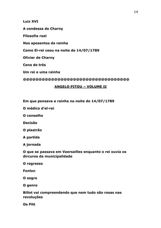 14
Luiz XVI
A condessa de Charny
Filosofia real
Nos aposentos da rainha
Como El-rei ceou na noite de 14/07/1789
Olivier de Charny
Cena de três
Um rei e uma rainha
@@@@@@@@@@@@@@@@@@@@@@@@@@@@@@@@@@
ANGELO PITOU – VOLUME II

Em que pensava a rainha na noite de 14/07/1789
O médico d’el-rei
O conselho
Decisão
O plastrão
A partida
A jornada
O que se passava em Vaersailles enquanto o rei ouvia os
dircuros da municipalidade
O regresso
Fonlon
O sogro
O genro
Billot vai compreendendo que nem tudo são rosas nas
revoluções
Os Pitt

 