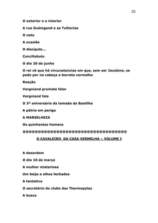 20
O exterior e o interior
A rua Guémgand e as Tulherias
O neto
A ocasião
O discípulo...
Conciliabulo
O dia 20 de junho
O rei vê que há circunstancias em que, sem ser Jacobino, se
pode por na cabeça o barrete vermelho
Reação
Vergniand promete falar
Vergniand fala
O 3º aniversário da tomada da Bastilha
A pátria em perigo
A MARSELHEZA
Os quinhentos homens
@@@@@@@@@@@@@@@@@@@@@@@@@@@@@@@@@@
O CAVALEIRO DA CASA VERMELHA – VOLUME I

A desordem
O dia 10 de março
A mulher misteriosa
Um beijo a olhos fechados
A tentativa
O secretário do clube das Thermopylas
A busca

 