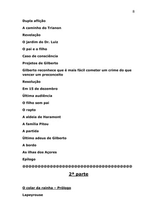 8
Dupla aflição
A caminho do Trianon
Revelação
O jardim do Dr. Luiz
O pai e o filho
Caso de consciência
Projetos de Gilberto
Gilberto reconhece que é mais fácil cometer um crime do que
vencer um preconceito
Resolução
Em 15 de dezembro
Última audiência
O filho sem pai
O rapto
A aldeia de Haramont
A família Pitou
A partida
Último adeus de Gilberto
A bordo
As ilhas dos Açores
Epílogo
@@@@@@@@@@@@@@@@@@@@@@@@@@@@@@@@@@@@

2ª parte
O colar da rainha – Prólogo
Lapeyrouse

 
