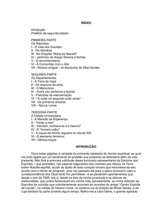 ÍNDICE

       Introdução
       Prefácio da segunda edição

       PRIMEIRA PARTE
       Os Réprobos
       I - O Vale dos Suicidas
       II - Os réprobos
       III - No Hospital "Maria de Nazaré"
       IV - Jerônimo de Araújo Silveira e família
       V - O reconhecimento
       VI - A Comunhão com o Alto
       VII - Nossos amigos - os discípulos de Allan Kardec

       SEGUNDA PARTE
       Os Departamentos
       I - A Torre de Vigia
       II - Os arquivos da alma
       III - O Manicômio
       IV - Outra vez Jerônimo e família
       V - Prelúdios de reencarnação
       VI - "A cada um segundo suas obras"
       VII - Os primeiros ensaios
       VIII – Novos rumos

       TERCEIRA PARTE
       A Cidade Universitária
       I - A Mansão da Esperança
       II - "Vinde a mim"
       III - "Homem, conhece-te a ti mesmo"
       IV - O "homem velho"
       V - A causa de minha cegueira no século XIX
       VI - O elemento feminino
       VII - Últimos traços

                                        INTRODUÇÃO

        Devo estas páginas à caridade de eminente habitante do mundo espiritual, ao qual
me sinto ligada por um sentimento de gratidão que pressinto se estenderá além da vida
presente. Não fora a amorosa solicitude desse iluminado representante da Doutrina dos
Espíritos – que prometeu, nas páginas fulgurantes dos volumes que deixou na Terra
sobre filosofia espírita, acudir ao apelo de todo coração sincero que recorresse ao seu
auxílio com o intuito de progredir, uma vez passado ele para o plano invisível e caso a
condescendência dos Céus tanto lho permitisse - e se perderiam apontamentos que,
desde o ano de 1926, isto é, desde os dias da minha juventude e os albores da
mediunidade, que juntos floresceram em minha vida, penosamente eu vinha obtendo de
Espíritos de suicidas que voluntariamente acorriam às reuniões do antigo "Centro Espírita
de Lavras", na cidade do mesmo nome, no extremo sul do Estado de Minas Gerais, e de
cuja diretoria fiz parte durante algum tempo. Refiro-me a Léon Denis, o grande apóstolo
 
