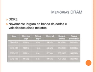 MEMÓRIAS DRAM
DDR3:
 Novamente largura de banda de dados e
velocidades ainda maiores.


 