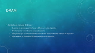 DRAM
• Controlar de memória dinâmica:
• Gera sinal de controle para interfacear a DRAM com outro dispositivo
• Deve temporizar e coordenar os acessos do sistema
• Deve garantir que os ciclos de refresh ocorram dentro das especificações elétricas do dispositivo
• Deve obedecer os parâmetros de tempo específicos do dispositivo
 