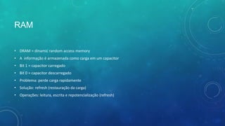 RAM
• DRAM = dinamic random access memory
• A informação é armazenada como carga em um capacitor
• Bit 1 = capacitor carregado
• Bit 0 = capacitor descarregado
• Problema: perde carga rapidamente
• Solução: refresh (restauração da carga)
• Operações: leitura, escrita e repotencialização (refresh)
 