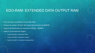 EDO-RAM: EXTENDED DATA OUTPUT RAM
• Ciclo de leitura semelhante ao da FPM-RAM
• Tempos de acesso: 70, 60 e 50ns (para barramentos de 66MHZ)
• Largura de banda para um sistema de 64 bits: 192MB/s
• Gasta-se 5 períodos de relógio:
• 1 para transferir a primeira linha
• 1 para transferir a primeira coluna
• 2 para transferir as colunas subsequentes
 