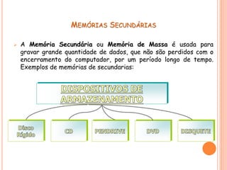 MEMÓRIAS SECUNDÁRIAS
 A Memória Secundária ou Memória de Massa é usada para
gravar grande quantidade de dados, que não são perdidos com o
encerramento do computador, por um período longo de tempo.
Exemplos de memórias de secundarias:
 
