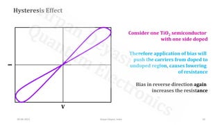 Hysteresis Effect
Consider one TiO2 semiconductor
with one side doped
Therefore application of bias will
push the carriers from doped to
undoped region, causes lowering
of resistance
Bias in reverse direction again
increases the resistance
V
I
30-06-2021 Arpan Deyasi, India 10
 