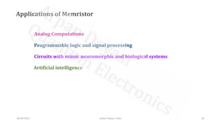 Applications of Memristor
Analog Computations
Programmable logic and signal processing
Circuits with mimic neuromorphic and biological systems
Artificial intelligence
30-06-2021 Arpan Deyasi, India 16
 