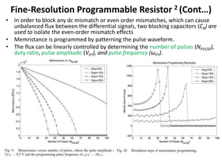 Fine-Resolution Programmable Resistor 2 (Cont…)
• In order to block any dc mismatch or even order mismatches, which can cause
unbalanced flux between the differential signals, two blocking capacitors (CB) are
used to isolate the even-order mismatch effects
• Memristance is programmed by patterning the pulse waveform.
• The flux can be linearly controlled by determining the number of pulses (NPULSE),
duty ratio, pulse amplitude (VPT), and pulse frequency (ωPT).
 