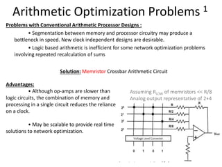Arithmetic Optimization Problems 1
Problems with Conventional Arithmetic Processor Designs :
• Segmentation between memory and processor circuitry may produce a
bottleneck in speed. New clock independent designs are desirable.
• Logic based arithmetic is inefficient for some network optimization problems
involving repeated recalculation of sums
Assuming RLOW of memristors << R/8
Analog output representative of 2+4
Solution: Memristor Crossbar Arithmetic Circuit
Advantages:
• Although op‐amps are slower than
logic circuits, the combination of memory and
processing in a single circuit reduces the reliance
on a clock.
• May be scalable to provide real time
solutions to network optimization.
 