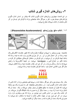 2-‫روش‬‫های‬‫شتاب‬ ‫گیری‬ ‫اندازه‬
‫قسمت‬ ‫این‬ ‫در‬‫مهم‬‫ترین‬‫روش‬‫های‬‫بی‬ ‫که‬ ‫شتاب‬ ‫گیری‬ ‫اندازه‬‫شتر‬‫گیری‬ ‫اندازه‬ ‫اساس‬ ‫بر‬
‫پارامتر‬‫میراگر‬ ‫و‬ ‫فنر‬ ، ‫جرم‬ ‫سیستم‬ ‫های‬‫اثر‬ ‫بر‬ ‫نوسان‬ ‫تیر‬ ‫کرنش‬ ‫یا‬ ‫وزنه‬ ‫جابجایی‬ ‫مانند‬
‫شتاب‬ ‫از‬ ‫حاصل‬ ‫تنش‬‫می‬‫باشد‬‫مطرح‬‫می‬‫شود‬.
2-1:‫پیزو‬ ‫سنج‬ ‫شتاب‬‫رزیستیو‬((Piezoresistive Accelerometers:
‫را‬ ‫پیزورزیستیو‬ ‫خاصیت‬‫می‬‫توان‬‫این‬‫گونه‬‫ت‬ ‫که‬ ‫کرد‬ ‫مطرح‬‫یک‬ ‫الکتریکی‬ ‫مقاومت‬ ‫غییر‬
‫نیروی‬ ‫اثر‬ ‫در‬ . ‫آن‬ ‫بر‬ ‫تنش‬ ‫اعمال‬ ‫اثر‬ ‫در‬ ‫رسانا‬ ‫نیمه‬‫فشاری‬‫که‬ ‫رسانا‬ ‫نیمه‬ ‫به‬ ‫شده‬ ‫وارد‬
‫آن‬ ‫در‬ ‫کرنش‬ ‫ایجاد‬ ‫باعث‬‫می‬‫شود‬‫و‬ ‫کرده‬ ‫اثر‬ ‫سیلیکون‬ ‫کریستالی‬ ‫ساختار‬ ‫بر‬ ‫کرنش‬ ‫این‬ ‫و‬
‫باعث‬‫تأثیر‬‫ب‬‫ر‬‫شعاع‬‫و‬ ‫اتمی‬bandgaps‫می‬‫شود‬‫نتیجه‬ ‫.در‬‫الکترون‬‫ها‬‫راحتی‬ ‫به‬
‫می‬‫توانند‬‫برسند‬ ‫رسانش‬ ‫باند‬ ‫به‬‫و‬‫در‬‫رسانا‬ ‫نیمه‬ ‫مقاومت‬ ‫مقدار‬ ‫امر‬ ‫این‬ ‫اثر‬‫کاهش‬‫می‬‫یابد‬.
‫رسانا‬ ‫نیمه‬ ‫مقاومت‬ ‫افزایش‬ ‫باعث‬ ‫شود‬ ‫اعمال‬ ‫کششی‬ ‫نیرو‬ ‫اگر‬ ‫حال‬‫می‬‫شود‬.
‫و‬ ‫شده‬ ‫ساخته‬ ‫میراگر‬ ‫فنر‬ ،‫جرم‬ ‫سیستم‬ ‫یک‬ ‫حال‬‫می‬‫خواهیم‬‫جابجایی‬‫وزنه‬‫را‬‫که‬‫از‬ ‫ناشی‬
‫ساختارهای‬ ‫در‬ ، ‫شود‬ ‫گیری‬ ‫اندازه‬ ‫شتاب‬ ‫اعمال‬mems‫فنر‬‫به‬‫صورت‬‫ساخته‬ ‫بیم‬ ‫یک‬
‫می‬‫شود‬‫بیشتر‬ ‫بسیار‬ ‫آن‬ ‫مقطع‬ ‫سطح‬ ‫به‬ ‫نصبت‬ ‫آن‬ ‫طول‬ ‫که‬‫می‬‫باشد‬‫یک‬ ‫و‬‫که‬ ‫آن‬ ‫سمت‬
‫آن‬ ‫دیگر‬ ‫سمت‬ ‫و‬ ‫بوده‬ ‫آزاد‬ ‫است‬ ‫وزنه‬ ‫شامل‬‫به‬‫صورت‬‫یک‬‫تکیه‬‫گاه‬‫گیر‬‫دار‬‫می‬‫باشد‬‫در‬ .
‫اساس‬ ‫بر‬ ‫نیرو‬ ‫یک‬ ‫شتاب‬ ‫اثر‬‫وارد‬ ‫دارد‬ ‫بیشتری‬ ‫جرم‬ ‫که‬ ‫وزنه‬ ‫بر‬ ‫نیوتون‬ ‫دوم‬ ‫قانون‬
‫می‬‫شود‬‫در‬‫اثر‬‫خم‬ ،‫ساختار‬ ‫به‬ ‫توجه‬ ‫با‬ ‫شتاب‬ ‫عکس‬ ‫جهت‬ ‫در‬ ‫بیم‬ ‫نیرو‬ ‫این‬‫می‬‫شود‬‫به‬
‫صورتی‬‫کشیده‬ ‫آن‬ ‫دیگر‬ ‫سمت‬ ‫و‬ ‫شده‬ ‫فشرده‬ ‫آن‬ ‫سمت‬ ‫یک‬ ‫که‬‫می‬‫شود‬.
 