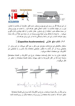 ‫آن‬ ‫مقاومت‬ ‫کنیم‬ ‫نسب‬ ‫پیزورزیستور‬ ‫بیم‬ ‫این‬ ‫روی‬ ‫بر‬ ‫اگر‬ ‫مرحله‬ ‫این‬ ‫در‬،‫خمش‬ ‫با‬ ‫متناسب‬
‫نیرو‬‫و‬‫در‬‫نهایت‬‫اعمالی‬ ‫شتاب‬ ‫با‬ ‫متناسب‬. ‫کرد‬ ‫خواهد‬ ‫تغییر‬‫پیزورزیستر‬ ‫دو‬ ‫نصب‬ ‫با‬
‫گیری‬ ‫اندازه‬ ‫بیشتری‬ ‫دقت‬ ‫با‬ ‫را‬ ‫شتاب‬ ‫مقدار‬ ‫وتستون‬ ‫پل‬ ‫از‬ ‫استفاده‬ ‫و‬ ‫هم‬ ‫مخالف‬ ‫سمت‬ ‫در‬
‫می‬‫شود‬.‫بیم‬ ‫سمت‬ ‫دو‬ ‫در‬ ‫پیزورزیست‬ ‫ایجاد‬ ‫بودن‬ ‫مشکل‬ ‫به‬ ‫توجه‬ ‫با‬‫عمال‬‫سمت‬ ‫یک‬ ‫در‬
‫خواه‬ ‫وجود‬‫و‬ ‫داشت‬ ‫د‬‫این‬‫باعث‬ ‫امر‬‫وابست‬.‫شد‬ ‫خواهد‬ ‫روش‬ ‫این‬ ‫در‬ ‫دما‬ ‫به‬ ‫گی‬
2-2:‫شتاب‬‫سنج‬‫خازنی‬(Capacitive Accelerometers):
‫مکانیکی‬ ‫ساختار‬‫نیز‬ ‫سنج‬ ‫شتاب‬ ‫نوع‬ ‫این‬‫،فنر‬ ‫جرم‬‫و‬‫میرا‬‫گیر‬‫می‬‫باشد‬.‫در‬‫این‬‫روش‬‫از‬
‫شتاب‬ ‫اثر‬ ‫در‬ ‫وزنه‬ ‫جابجایی‬‫به‬‫منظور‬‫دی‬ ‫جابجایی‬ ‫یا‬ ‫و‬ ‫خازن‬ ‫یک‬ ‫صفحات‬ ‫جابجایی‬
‫استفاده‬ ‫صفحات‬ ‫بین‬ ‫الکتریک‬‫می‬‫شود‬.
‫ظ‬‫الکتریک‬ ‫دی‬ ‫،نوع‬ ‫صفحات‬ ‫(مساحت‬ ‫عامل‬ ‫سه‬ ‫به‬ ‫خازن‬ ‫رفیت‬‫و‬‫فاصله‬‫صفحه‬‫ها‬)
‫کاربردها‬ ‫اکثر‬ ‫در‬ ‫که‬ ‫است‬ ‫وابسته‬‫به‬‫دلیل‬‫فاصله‬ ‫ساخت‬ ‫سهولت‬‫صفحه‬‫ها‬‫را‬‫متغیر‬‫در‬
‫ن‬‫ظر‬‫می‬‫گیرند‬.
‫نمونه‬ ‫یک‬ ‫در‬ ‫مثال‬ ‫برای‬‫ثابت‬ ‫الکتریک‬ ‫دی‬ ‫نوع‬ ‫و‬ ‫مساحت‬‫بوده‬‫فاصله‬ ‫ولی‬‫صفحه‬‫ها‬
‫متغیر‬‫نصب‬ ‫با‬ ‫که‬ ‫است‬‫ثابت‬ ‫قسمت‬ ‫روی‬ ‫بر‬ ‫دیگر‬ ‫صفحه‬ ‫و‬ ‫وزنه‬ ‫روی‬ ‫بر‬ ‫صفحه‬ ‫یک‬
 