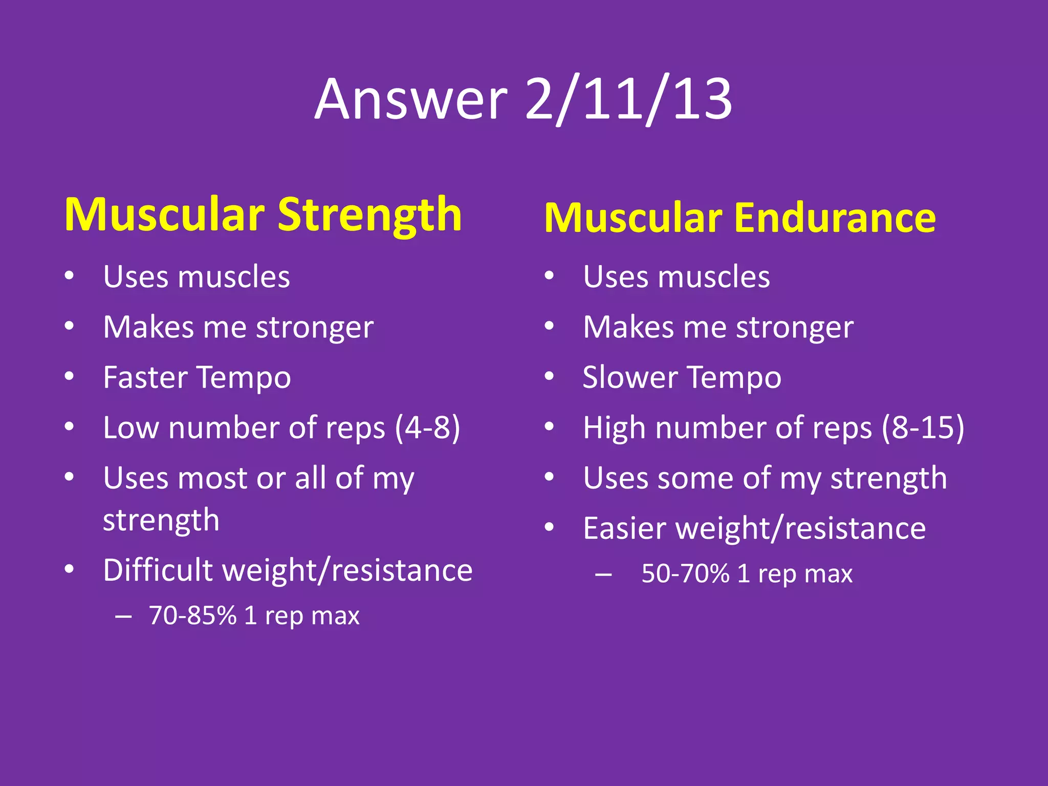 Answer 2/11/13
Muscular Strength               Muscular Endurance
• Uses muscles                  •   Uses muscles
• Makes me stronger             •   Makes me stronger
• Faster Tempo                  •   Slower Tempo
• Low number of reps (4-8)      •   High number of reps (8-15)
• Uses most or all of my        •   Uses some of my strength
  strength                      •   Easier weight/resistance
• Difficult weight/resistance       –   50-70% 1 rep max
    – 70-85% 1 rep max
 