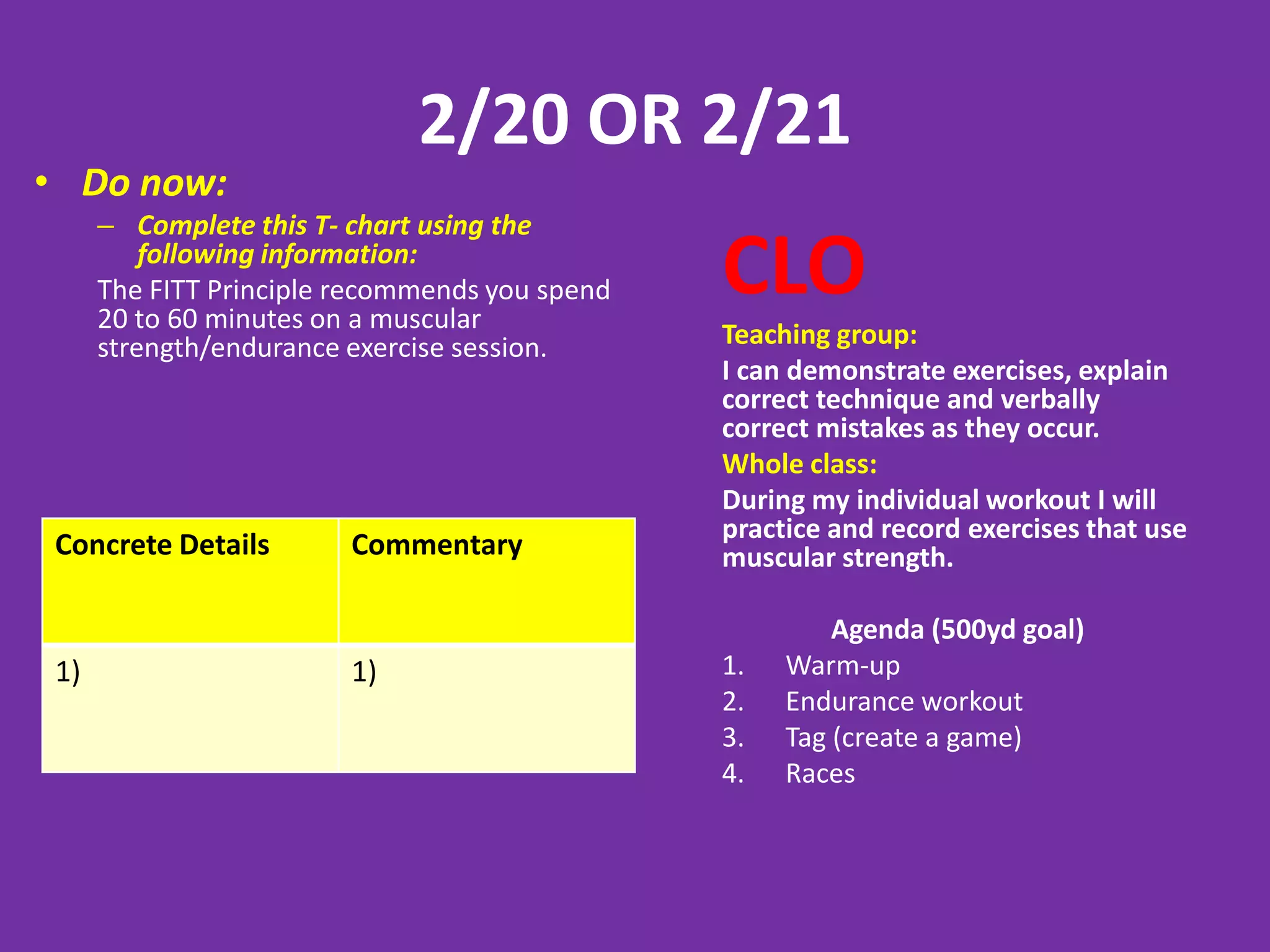 2/20 OR 2/21
• Do now:
     – Complete this T- chart using the
         following information:
     The FITT Principle recommends you spend
     20 to 60 minutes on a muscular
                                               CLO
     strength/endurance exercise session.      Teaching group:
                                               I can demonstrate exercises, explain
                                               correct technique and verbally
                                               correct mistakes as they occur.
                                               Whole class:
                                               During my individual workout I will
                                               practice and record exercises that use
Concrete Details        Commentary             muscular strength.

                                                        Agenda (500yd goal)
1)                      1)                     1.   Warm-up
                                               2.   Endurance workout
                                               3.   Tag (create a game)
                                               4.   Races
 