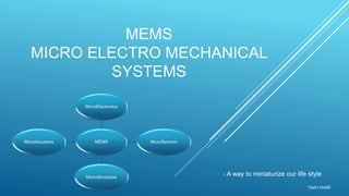 MEMS
MICRO ELECTRO MECHANICAL
SYSTEMS
- A way to miniaturize our life style
MEMS
MicroElectronics
MicroSensors
MicroStructures
MicroActuators
Yasin khalili
 