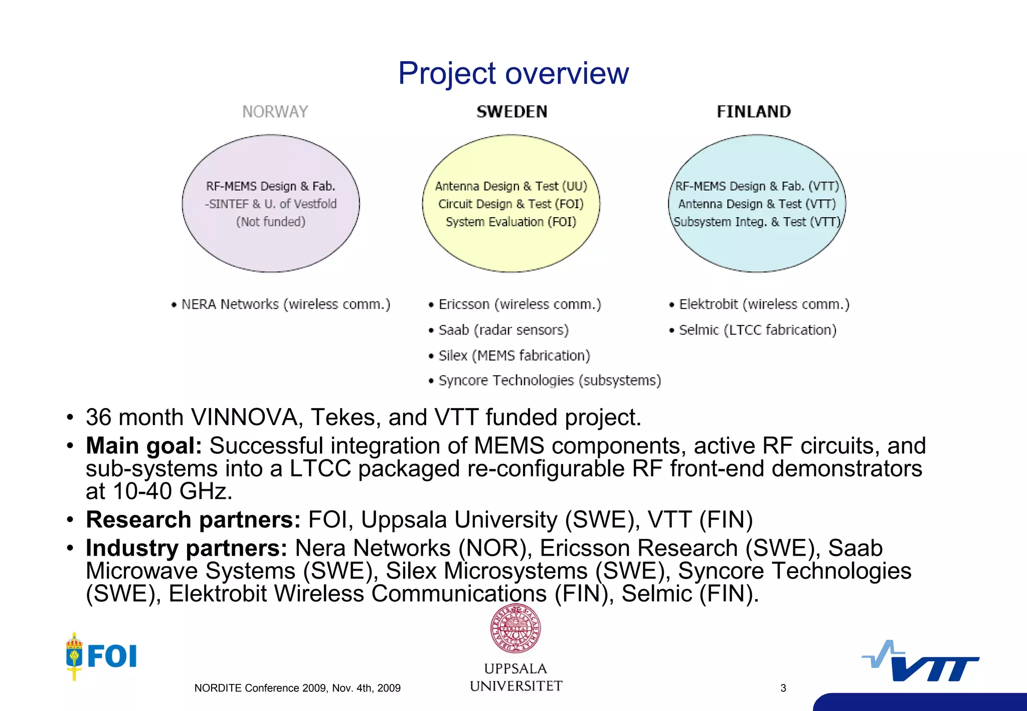 Project overview




• 36 month VINNOVA, Tekes, and VTT funded project.
• Main goal: Successful integration of MEMS components, active RF circuits, and
  sub-systems into a LTCC packaged re-configurable RF front-end demonstrators
  at 10-40 GHz.
• Research partners: FOI, Uppsala University (SWE), VTT (FIN)
• Industry partners: Nera Networks (NOR), Ericsson Research (SWE), Saab
  Microwave Systems (SWE), Silex Microsystems (SWE), Syncore Technologies
  (SWE), Elektrobit Wireless Communications (FIN), Selmic (FIN).


           NORDITE Conference 2009, Nov. 4th, 2009                  3
 