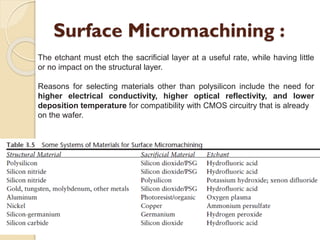 Surface Micromachining :
The etchant must etch the sacrificial layer at a useful rate, while having little
or no impact on the structural layer.
Reasons for selecting materials other than polysilicon include the need for
higher electrical conductivity, higher optical reflectivity, and lower
deposition temperature for compatibility with CMOS circuitry that is already
on the wafer.
 