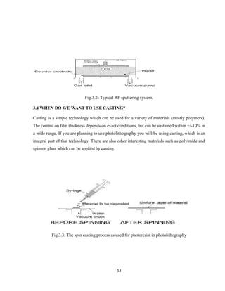 13
Fig.3.2: Typical RF sputtering system.
3.4 WHEN DO WE WANT TO USE CASTING?
Casting is a simple technology which can be used for a variety of materials (mostly polymers).
The control on film thickness depends on exact conditions, but can be sustained within +/-10% in
a wide range. If you are planning to use photolithography you will be using casting, which is an
integral part of that technology. There are also other interesting materials such as polyimide and
spin-on glass which can be applied by casting.
Fig.3.3: The spin casting process as used for photoresist in photolithography
 