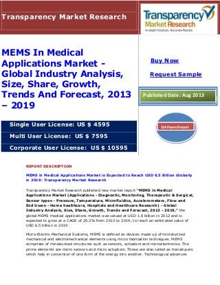 REPORT DESCRIPTION
MEMS in Medical Applications Market is Expected to Reach USD 6.5 Billion Globally
in 2019: Transparency Market Research
Transparency Market Research published new market report "MEMS in Medical
Applications Market (Applications - Diagnostic, Monitoring, Therapeutic & Surgical,
Sensor types - Pressure, Temperature, Microfluidics, Accelerometers, Flow and
End Users - Home healthcare, Hospitals and Healthcare Research) - Global
Industry Analysis, Size, Share, Growth, Trends and Forecast, 2013 - 2019," the
global MEMS medical applications market was valued at USD 1.8 billion in 2012 and is
expected to grow at a CAGR of 20.2% from 2013 to 2019, to reach an estimated value of
USD 6.5 billion in 2019.
Micro-Electro-Mechanical Systems, MEMS is defined as devices made up of miniaturized
mechanical and electromechanical elements using micro fabrication techniques. MEMS
comprises of miniaturized structures such as sensors, actuators and microelectronics. The
prime elements are micro sensors and micro actuators. These are also called as transducers
which help in conversion of one form of the energy into another. Technological advances
Transparency Market Research
MEMS In Medical
Applications Market -
Global Industry Analysis,
Size, Share, Growth,
Trends And Forecast, 2013
– 2019
Single User License: US $ 4595
Multi User License: US $ 7595
Corporate User License: US $ 10595
Buy Now
Request Sample
Published Date: Aug 2013
114 Pages Report
 