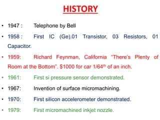 HISTORY
• 1947 : Telephone by Bell
• 1958 : First IC (Ge).01 Transistor, 03 Resistors, 01
Capacitor.
• 1959: Richard Feynman, California “There’s Plenty of
Room at the Bottom”. $1000 for car 1/64th of an inch.
• 1961: First si pressure sensor demonstrated.
• 1967: Invention of surface micromachining.
• 1970: First silicon accelerometer demonstrated.
• 1979: First micromachined inkjet nozzle.
 