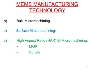 MEMS MANUFACTURING
TECHNOLOGY
19
a) Bulk Micromachining.
b) Surface Micromachining.
c) High Aspect Ratio (HAR) Si Micromachining.
• LIGA
• SLIGA
 