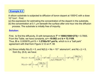 Example 8.2
A silicon substrate is subjected to diffusion of boron dopant at 1000oC with a dose
1011/cm2. Find:
(a) the expression for estimating the concentration of the dopant in the substrate,
(b) the concentration at 0.1 µm beneath the surface after one hour into the diffusion
process. The substrate is initially free of impurity.
Solution:
First, to find the diffusivity, D with temperature T’ = 1000/(1000+273) = 0.7855.
From the Table, we have constants, a = -19.982 and b = 13.1109.
Thus, D is: 0.005676 µm2/h = 1.5766x10-6 µm2/s, which is in a ”ball park”
agreement with that from Figure 3.12 on P. 95
(a) Since initially N(x,0) = 0, and N(0,t) = Ns = 1011 atoms/cm2, and N(∞,t) = 0,
from Eq. (8.4), we have:
⎥
⎦
⎤
⎢
⎣
⎡
⎟
⎟
⎠
⎞
⎜
⎜
⎝
⎛
−
=
⎟
⎟
⎠
⎞
⎜
⎜
⎝
⎛
=
⎥
⎥
⎦
⎤
⎢
⎢
⎣
⎡
=
⎥
⎦
⎤
⎢
⎣
⎡
=
−
t
x
erf
t
x
N
t
x
erfc
t
x
x
erfc
Dt
x
erfc
N
t
x
N s
21
.
398
1
10
)
,
(
21
.
398
10
10
5766
.
1
2
10
2
)
,
(
11
11
6
11
 