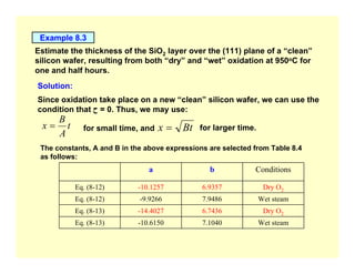 Example 8.3
Estimate the thickness of the SiO2 layer over the (111) plane of a “clean”
silicon wafer, resulting from both “dry” and “wet” oxidation at 950oC for
one and half hours.
Solution:
Since oxidation take place on a new “clean” silicon wafer, we can use the
condition that ‫ح‬ = 0. Thus, we may use:
t
A
B
x = for small time, and Bt
x = for larger time.
The constants, A and B in the above expressions are selected from Table 8.4
as follows:
Wet steam
7.1040
-10.6150
Eq. (8-13)
Dry O2
6.7436
-14.4027
Eq. (8-13)
Wet steam
7.9486
-9.9266
Eq. (8-12)
Dry O2
6.9357
-10.1257
Eq. (8-12)
Conditions
b
a
 