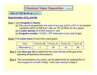 Chemical Vapor Deposition – Cont’d
Rate of CVD Build-up-Cont’d:
Determination of NG and Ns:
Step 1: Use Avogadro’s theory:
(a) The volume occupied by one mole of any gas is 22.4 x10-3 m3 at standard
conditions (20oC or 293 K at 1 atm, or 101.33 KPa), for ALL gases.
(b) A molar density of 44.643 moles/m3, and
(c) Avogadro number = 6.022 x 1023 molecules in one mole of gas.
Step2: Find molar mass of commonly used gases:
40
32
28
2
Molar mass (g)
Argon, Ar
Oxygen, O2
Nitrogen, N2
Hydrogen, H2
Gases
Step 3: Use ideal gas law to determine the molar density of the gas at the
operating temperature and pressure.
Step 4: The concentrations, NG and Ns can be determined by multiplication of
the Avogadro’s number in Step 1 and molar density in Step 3.
 