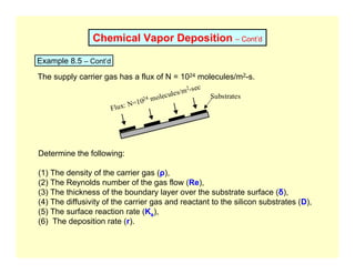 Substrates
Flux: N=1024 molecules/m
2-sec
Chemical Vapor Deposition – Cont’d
Example 8.5 – Cont’d
Determine the following:
(1) The density of the carrier gas (ρ),
(2) The Reynolds number of the gas flow (Re),
(3) The thickness of the boundary layer over the substrate surface (δ),
(4) The diffusivity of the carrier gas and reactant to the silicon substrates (D),
(5) The surface reaction rate (Ks),
(6) The deposition rate (r).
The supply carrier gas has a flux of N = 1024 molecules/m2-s.
 