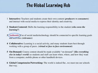 The Global Learning Hub

1 Interactive: Teachers and students create their own content (producers vs consumers)
  and interact with social media to express their identity and creativity.

2 Student-Centered: Shifts the learning responsibility to the student (who owns the
  learning?)

3 Authentic: Use of social media/technology should be connected to speciﬁc learning goals
  and activities (relevance)

4 Collaborative: Learning is a social activity, and many students learn best through
  working with a group of peers. (virtual or face to face environment)

5 On-Demand: Course content should be made available “on-demand” (like everything
  else in today’s world) so students and staff can learn when, where, and how they want
  from a computer, mobile phone or other handheld devices.

6 Global Competencies/Networking: The world is indeed ﬂat...we must run our schools
  that way.
 