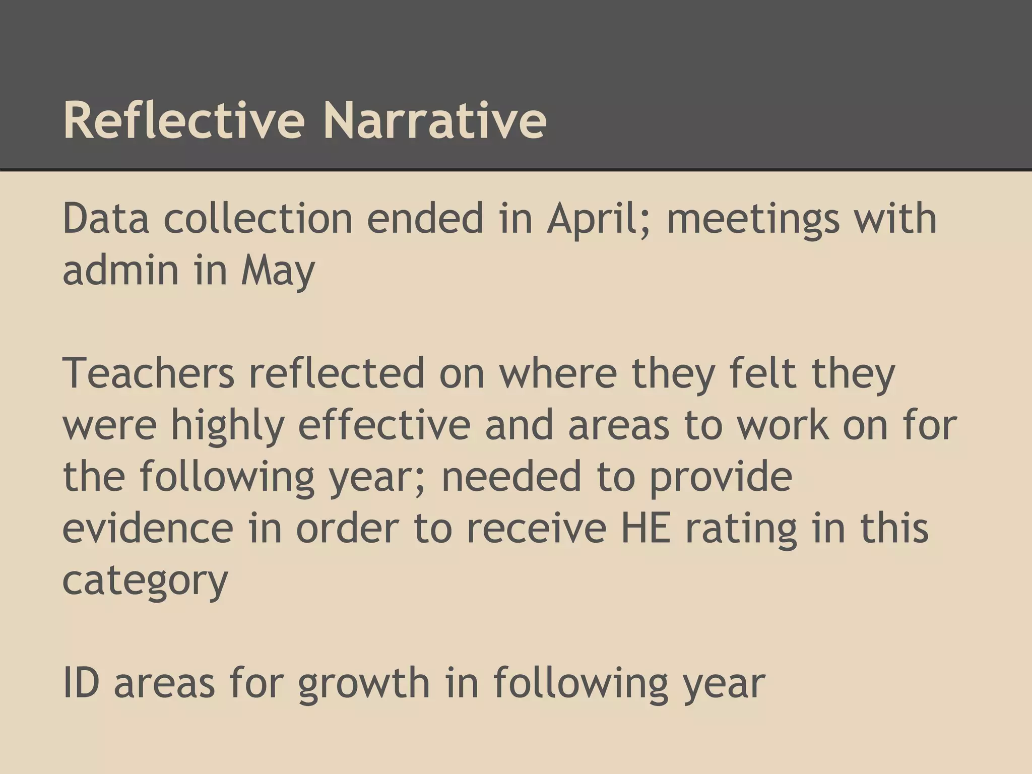 Reflective Narrative 
Data collection ended in April; meetings with 
admin in May 
Teachers reflected on where they felt they 
were highly effective and areas to work on for 
the following year; needed to provide 
evidence in order to receive HE rating in this 
category 
ID areas for growth in following year 
 