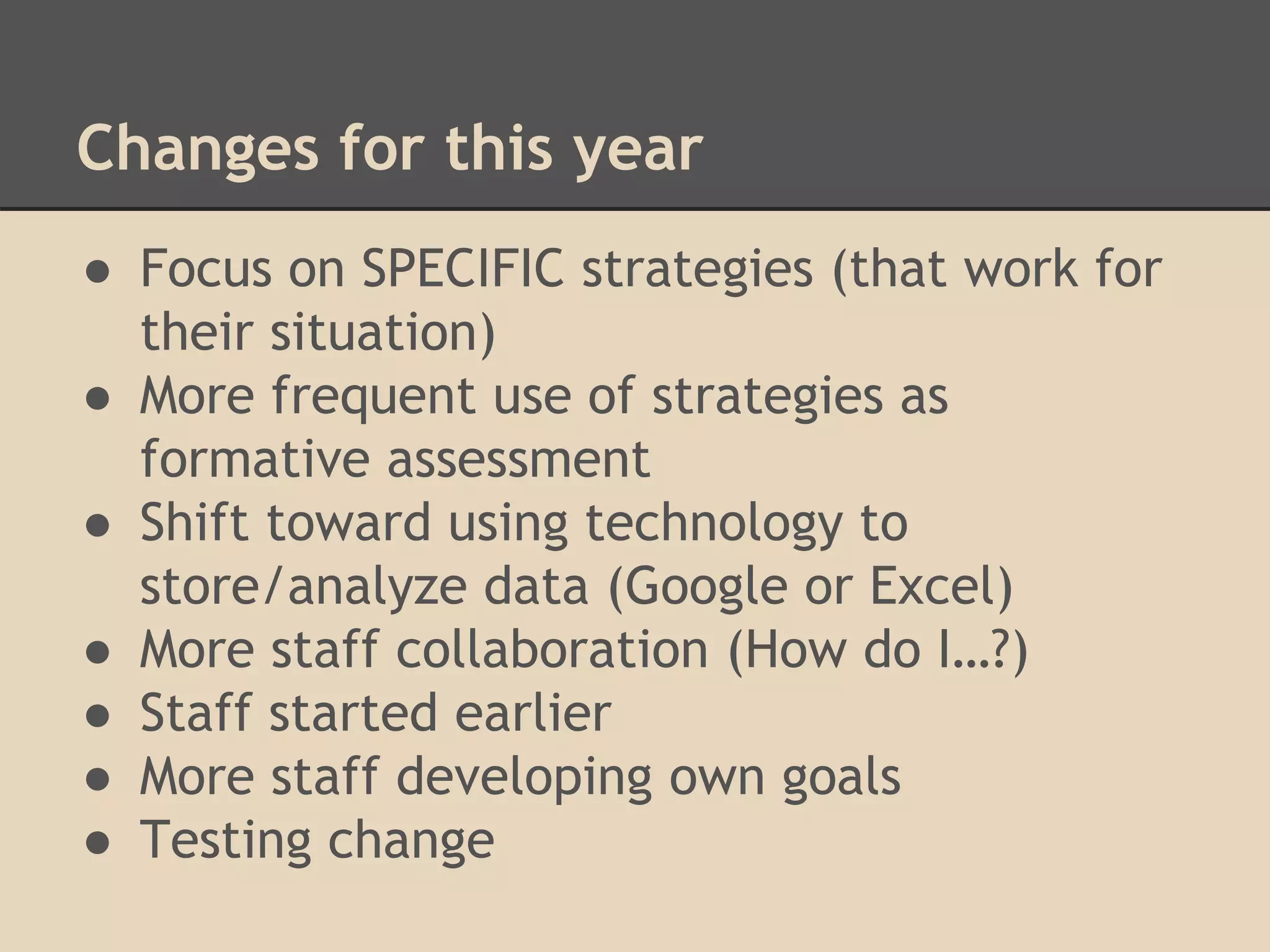 Changes for this year 
● Focus on SPECIFIC strategies (that work for 
their situation) 
● More frequent use of strategies as 
formative assessment 
● Shift toward using technology to 
store/analyze data (Google or Excel) 
● More staff collaboration (How do I…?) 
● Staff started earlier 
● More staff developing own goals 
● Testing change 
 