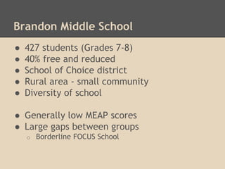 Brandon Middle School 
● 427 students (Grades 7-8) 
● 40% free and reduced 
● School of Choice district 
● Rural area - small community 
● Diversity of school 
● Generally low MEAP scores 
● Large gaps between groups 
o Borderline FOCUS School 
 