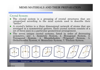 4/27/2016 41
MEMS MATERIALS AND THEIR PREPARATION
Crystal System:
The crystal system is a grouping of crystal structures that are
categorized according to the axial system used to describe their
"lattice".
A crystal's lattice is a three dimensional network of atoms that are
arranged in a symmetrical pattern. Each crystal system consists of a
set of three axes in a particular geometrical arrangement.
The seven unique crystal systems, listed in order of decreasing
symmetry, are: 1. Isometric System, 2. Hexagonal System, 3.
Tetragonal System, 4. Rhombohedric (Trigonal) System, 5.
Orthorhombic System, 6. Monoclinic System, 7. Triclinic System.
 