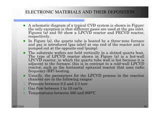 4/27/2016 65
ELECTRONIC MATERIALS AND THEIR DEPOSITION
A schematic diagram of a typical CVD system is shown in Figure;
the only exception is that different gases are used at the gas inlet.
Figures (a) and (b) show a LPCVD reactor and PECVD reactor,
respectively.
In Figure (a), the quartz tube is heated by a three-zone furnace
and gas is introduced (gas inlet) at one end of the reactor and is
pumped out at the opposite end (pump).
The substrate wafers are held vertically in a slotted quartz boat.
The type of LPCVD reactor shown in Figure (a) is a hot-wall
LPCVD reactor, in which the quartz tube wall is hot because it is
adjacent to the furnace; this is in contrast to a cold-wall LPCVD
reactor, such as the horizontal epitaxial reactor that uses radio
frequency (RF) heating.
Usually, the parameters for the LPCVD process in the reaction
chamber are in the following ranges:
1. Pressure between 0.2 and 2.0 torr
2. Gas flow between 1 to 10 cm3/s
3. Temperatures between 300 and 900°C
 