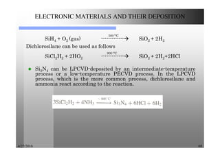 4/27/2016 68
ELECTRONIC MATERIALS AND THEIR DEPOSITION
Si3N4 can be LPCVD-deposited by an intermediate-temperature
process or a low-temperature PECVD process. In the LPCVD
process, which is the more common process, dichlorosilane and
ammonia react according to the reaction.
500 OC
SiH4 + O2 (gas) ------------- SiO2 + 2H2
Dichlorosilane can be used as follows
900 OC
SiCl2H2 + 2HO2 ------------- SiO2 + 2H2+2HCl
 