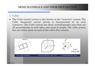 4/27/2016 42
MEMS MATERIALS AND THEIR PREPARATION
1. Cubic:
The Cubic crystal system is also known as the "isometric" system. The
Cubic (Isometric) crystal system is characterized by its total
symmetry. The Cubic system has three crystallographic axes that are
all perpendicular to each other and equal in length. The cubic system
has one lattice point on each of the cube's four corners.
 