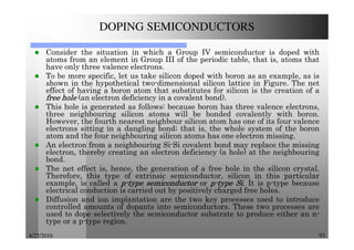 4/27/2016 93
DOPING SEMICONDUCTORS
Consider the situation in which a Group IV semiconductor is doped with
atoms from an element in Group III of the periodic table, that is, atoms that
have only three valence electrons.
To be more specific, let us take silicon doped with boron as an example, as is
shown in the hypothetical two-dimensional silicon lattice in Figure. The net
effect of having a boron atom that substitutes for silicon is the creation of a
freefreefreefree holeholeholehole (an electron deficiency in a covalent bond).
This hole is generated as follows: because boron has three valence electrons,
three neighbouring silicon atoms will be bonded covalently with boron.
However, the fourth nearest neighbour silicon atom has one of its four valence
electrons sitting in a dangling bond; that is, the whole system of the boron
atom and the four neighbouring silicon atoms has one electron missing.
An electron from a neighbouring Si-Si covalent bond may replace the missing
electron, thereby creating an electron deficiency (a hole) at the neighbouring
bond.
The net effect is, hence, the generation of a free hole in the silicon crystal.
Therefore, this type of extrinsic semiconductor, silicon in this particular
example, is called a pppp----typetypetypetype semiconductorsemiconductorsemiconductorsemiconductor or pppp----typetypetypetype SiSiSiSi. It is p-type because
electrical conduction is carried out by positively charged free holes.
Diffusion and ion implantation are the two key processes used to introduce
controlled amounts of dopants into semiconductors. These two processes are
used to dope selectively the semiconductor substrate to produce either an n-
type or a p-type region.
 